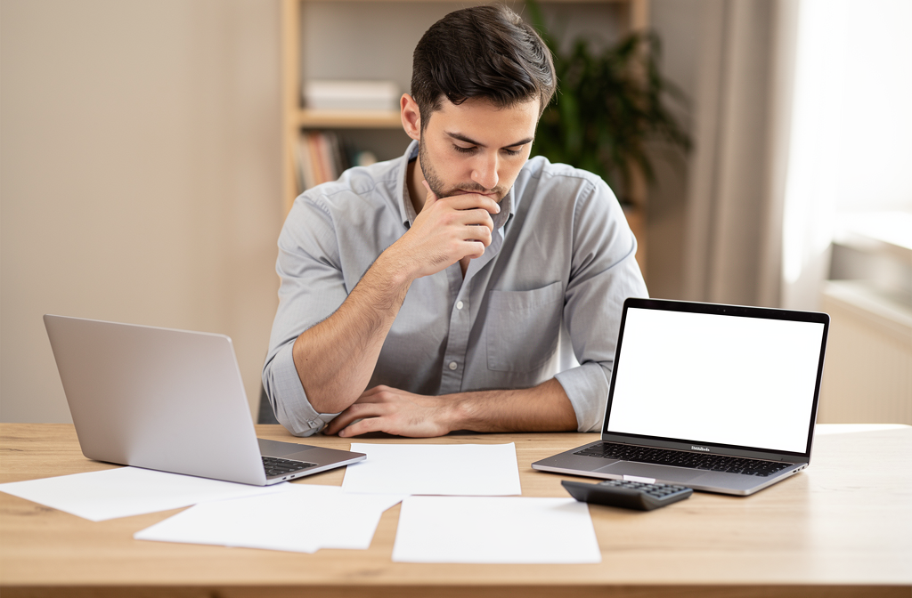 Selbstständiger prüft Baufinanzierung mit Laptop und Finanzunterlagen am Schreibtisch