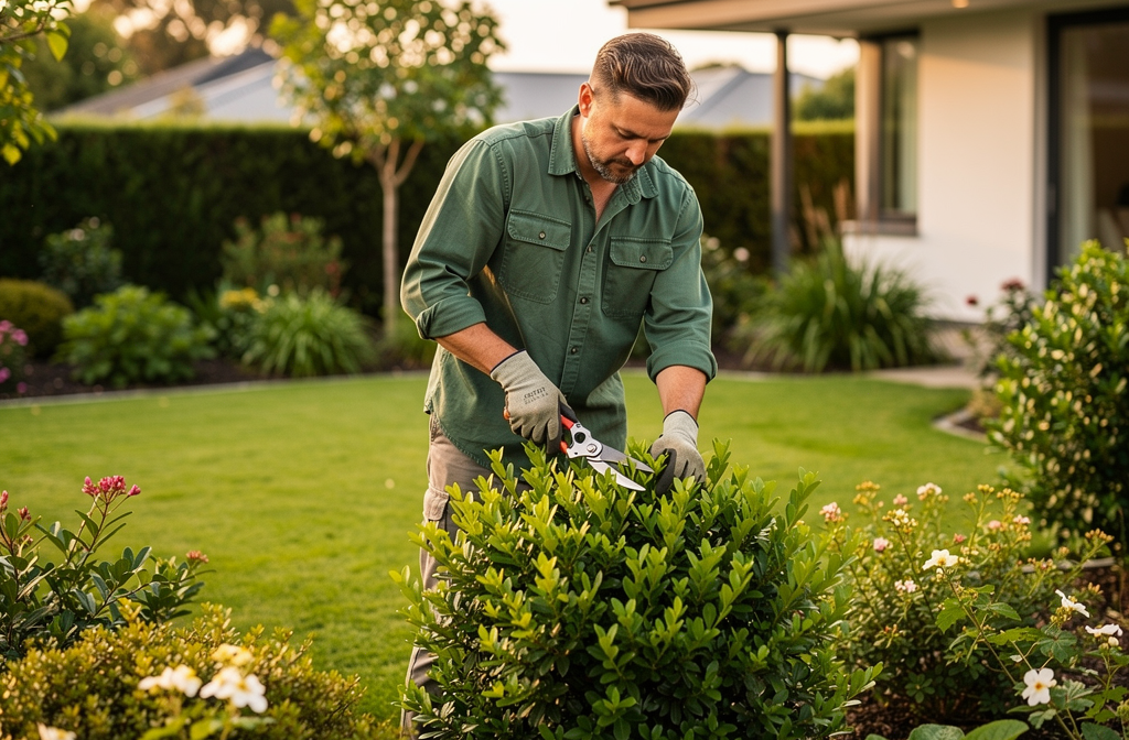 Gärtner bei der Arbeit mit professionellem Werkzeug im Garten eines Kunden