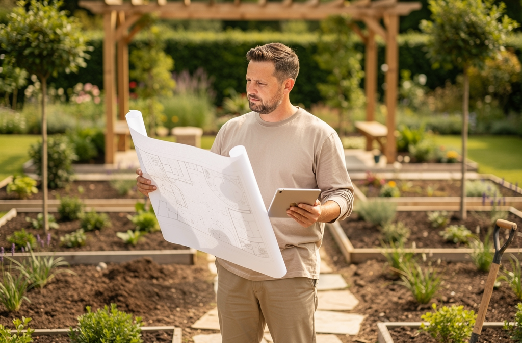Freiberuflicher Gartenplaner prüft Kreditangebote für Finanzierungen von Projekten