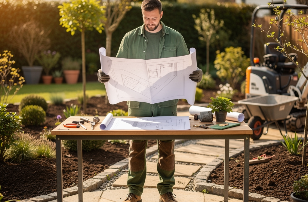 Selbstständiger Gartenbauer mit Laptop prüft flexible Kreditangebote für Gartenbau