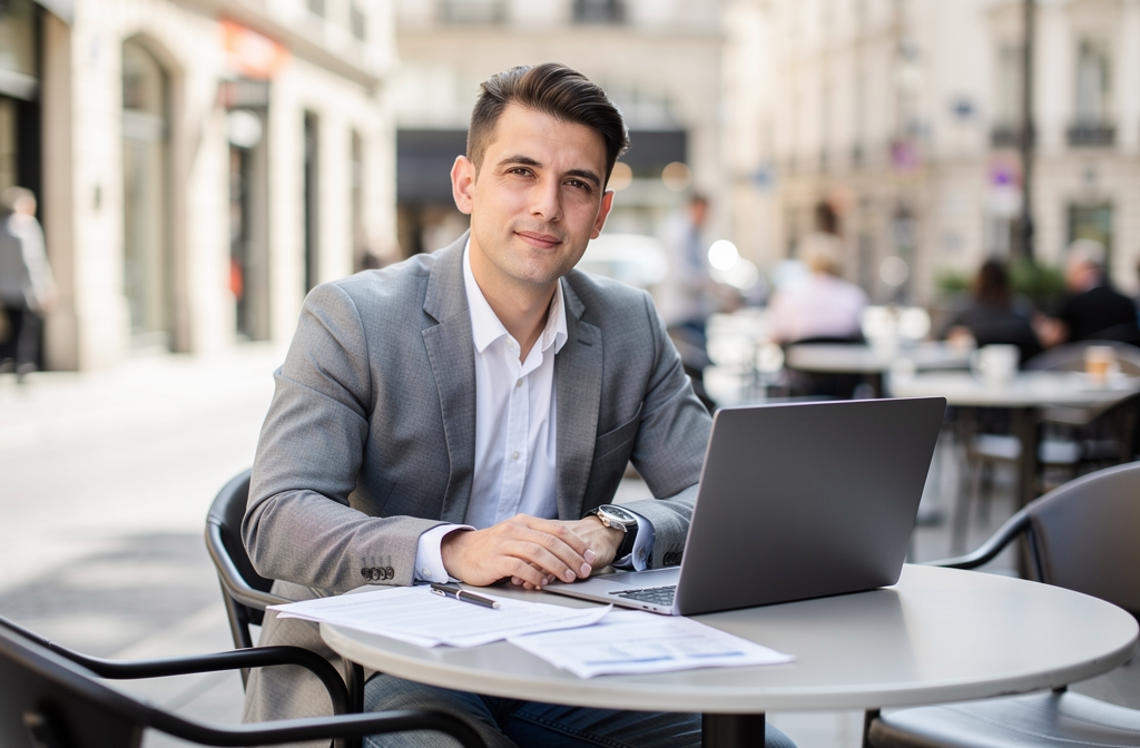 Selbstständiger prüft Finanzierungsmöglichkeiten für Auslandskredit strategisch am Laptop